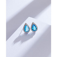 wholesale 925 Sterling Silver Minimalist Waterdrop Flash Blue Zircon Stud Earrings, Small and Unique Design, Luxurious and Sophisticated Earrings for Women-Aquamarine Zircon Earrings-with Plastic Earplugs>925 Silver