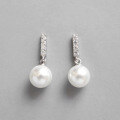 wholesale S925 Sterling Silver ET265 Korean-style Minimalist Micro-pave Vertical Pearl Stud Earrings for Women, Student Silver Jewelry-0-0