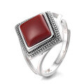 wholesale S925 Sterling Silver Retro Vintage-Inspired Square Shape Set with Southern Red Agate Openable Ring-0-4