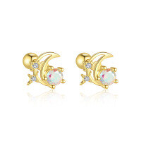 wholesale S925 Sterling Silver Cross-border Zircon Star Moon Flower Geometric Ear Bone Stud-E4876-Gold/Pair 925 Silver