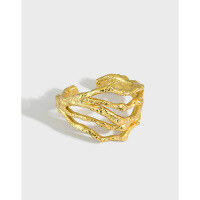 wholesale S925 Sterling Silver JB066 Korean Hollow Silver Ring Ins Minimalist Niche Design Textured Lines Women's Ring-18K gold [No. 14/Adjustable Opening adjustable