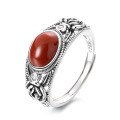 wholesale S925 sterling silver vintage oxidized craft 3D rose pattern inlaid with southern red agate adjustable ring-0-4