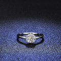 Silver Moissanite Ring Round Halo Diamond Tail-0-1