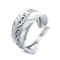 wholesale S925 Sterling Silver Vintage Classic Fashion Trendy 3D Feather Wide Unisex Open Ring-0-4