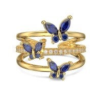 wholesale S925 Sterling Silver New Korean Style Open Adjustable Ring for Women, Surrounding Butterfly Zirconia Inlaid Hollow Stackable Ring for Wholesale-Gold blue diamond DY120965-SG-BA Adjustable opening