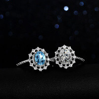 Sterling Silver Natural Blue Topaz Moissanite Ring One Carat Oval Twist Setting-Set with white moissanite  Adjustable opening