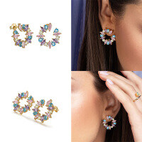 wholesale S925 Sterling Silver Multi-Color Zircon Floral Hoop Earrings, Luxury Cute Earrings Direct from Manufacturer-EQE60-P&gt;925 Silver