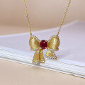 wholesale S925 Sterling Silver Red Elk Full Body Colored Gemstone Bow Choker Necklace French Style Luxury Personality Pendant Necklace Versatile for Women-0-0
