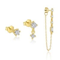 wholesale S925 Sterling Silver Wholesale Geometric Zircon Earrings With Tassels, Modern Luxury Design For Women-Single three-piece set 925 silver