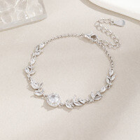 wholesale S925 Sterling Silver Light Luxury Versatile Leaf Bracelet with Full Zirconia Stones, Elegant Accessory Christmas Gift for Girlfriend-White gold bracelet 925 silver