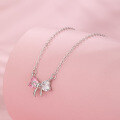 wholesale S925 Sterling Silver New French Sweetheart-style Pink Diamond Heart Pendant Bow Necklace for Women-0-2