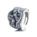 wholesale S925 Sterling Silver Vintage Style Enamel Plique-à-jour Blue Peony Phoenix Exquisite Adjustable Ring-0-4