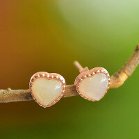 wholesale 925 silver rose gold plated tassel-style commuter earrings with cute, fresh, and sweet heart-shaped Hetian jade and white jade stones-Rose Gold White Jade Heart-Shaped Earrings>925 Silver