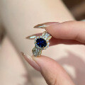 wholesale S925 Silver New 6*8mm French Lace Edge Blue Zircon Oval Ring Fashion Romantic Style-0-0