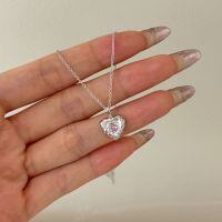 wholesale S925 Sterling Silver Korean and Japanese Light Luxury Women's Necklace with Exquisite Pink Diamond Heart, Wrinkle Texture Design, and High-End Sense Collarbone Chain-Platinum and Pink Diamond DY190891-SW-PK>925 Silver