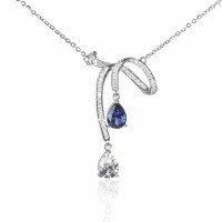 wholesale 925 Sterling Silver Aurora Ribbon Bow Tassel Teardrop Necklace for Women, High-End Sense of Luxury, Fashionable Ins Necklace-xb536-white gold blue