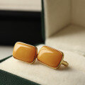 wholesale S925 silver with natural aged beeswax square ear clips, honey beeswax mustard yellow bare stone 9*14mm, rich wax texture, fashionable-0-1
