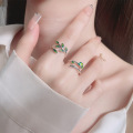 wholesale S925 Silver Cloud Tide Pavilion Japanese Korean Style Small Fresh Green Leaf Resin Energetic Forest Youthful Breath Adjustable Ring-0-0