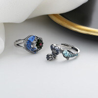 wholesale S925 Sterling Silver Colored Resin Antique Koi Fish Ring Ethnic Style "Year After Year Surplus" Small Fish Lotus Flower Seed Pod-684JM/A model: approximately 2.5g &gt; opening adjustable