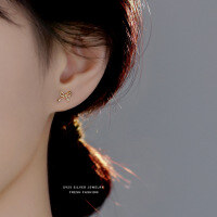 wholesale 925 Sterling Silver Bow Earrings For Women, Pure Silver, Japanese And Korean Design, Niche, Hypoallergenic For Pierced Ears, Luxury, Minimalist Ear Accessories-Gold/925 Pure Silver