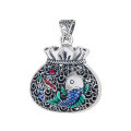 wholesale Sterling silver, Yun Chao Xuan S990 vintage antique matte finish filigree openwork koi fortune bag style ethnic pendant-0-4