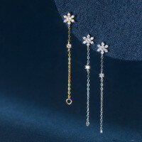 wholesale S925 Sterling Silver Exquisite Diamond-Inlaid Five-Petal Flower Earrings, High-End Elegant Long Drop Ear Accessories M03783-S925 silver pair of gold