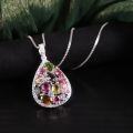 wholesale S925 Silver Fashionable Natural Tourmaline Pendant Necklace, European and American Extravagantly Set Rainbow Gemstone Pendant for Women-0-0