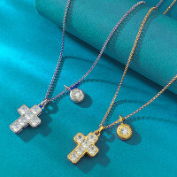 wholesale S925 Sterling Silver European and American Style High Carbon Diamond Cross Pendant, Fashionable and Versatile Commuter Stretch Necklace, Dropshipping Available-N436 Gold &gt; 925 Silver