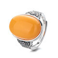 wholesale S925 sterling silver vintage distressed openwork floral inlaid oval amber stone luxury design adjustable ring-0-5