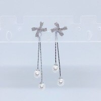 wholesale Sterling Silver Bow Pearl Earrings for Women, Small and Exquisite Design, Long Tassel Drop Earrings, Convertible Two-Way Wear Ear Jewelry-ED020791 925 silver