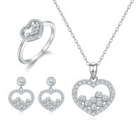 wholesale S925 Sterling Silver High-End Three-Piece Jewelry Set with Heart-shaped Necklace, Ring, and European-American Earrings-Ring US size 7#