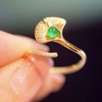 wholesale S925 Sterling Silver Red Elk Vintage Ginkgo Leaf Design Exquisite Diamond-Inlaid Ring for Women, Full Green French Minimalist Band-BZ0756-Gold Adjustable opening