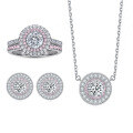 wholesale S925 sterling silver jewelry set with European and American pink diamond ring stack, fashionable zirconia stud earrings, and color-blocked round pendant necklace-0-0