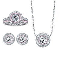 wholesale S925 sterling silver jewelry set with European and American pink diamond ring stack, fashionable zirconia stud earrings, and color-blocked round pendant necklace-Ring TL-041 + Earrings TLED095 + Necklace TLXL113  US Size 9#