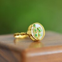 wholesale 925 Silver New Chinese Style Antique Openable Index Finger Ring with Certificate, Inlaid with Palace Enamel Bamboo Leaf and Hetian Jade-Gold bamboo style>Adjustable opening