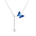 wholesale S925 Sterling Silver Enamel Blue Butterfly Dancing Necklace, Creative Fresh Fashion Holiday Style Collarbone Chain-0-4