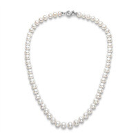 Metal Freshwater Pearl Necklace, Mother's Day Gift-Natural freshwater pearl necklace with S-shaped clasp; pearls 7-8mm; chain length 50cm.