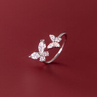 wholesale S925 full diamond butterfly open ring, Korean style minimalist and elegant women's jewelry R00339-S925 silver ring Adjustable opening