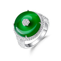 wholesale S925 silver gold-plated ring with high-carbon diamond and natural chalcedony peace buckle, versatile and stylish new Chinese-style women's ring-Muzo Green 110 catties or less US size 6 (Hong Kong size 12-13 EU size 52) Ring length about 52MM