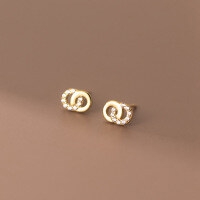 wholesale S925 silver earrings, Korean-style, elegant, simple, and fresh, interlocking hoop with diamond inlay, ear accessories M01053-S925 silver pair gold>925 silver