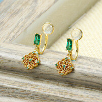 wholesale 925 Silver Retro Openwork Floral Court Belle Emerald Ear Clips for Non-Pierced Ears, Geometric Elegant Temperament Earrings-Vintage rectangular lace earrings 925 silver