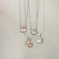 wholesale S925 Sterling Silver Princess-Cut Full-Zirconia Pendant Necklace, Small Square Ice Flower Zircon Classical Rose Collarbone Chain for Women, Light Luxury-0-4