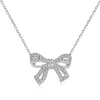 wholesale S925 Sterling Silver Cross-Border New Set of Women's Diamond-Encrusted Bow Necklace and Earrings with Exquisite and Stylish Design-Platinum DY190591-SW-NO>925 Silver