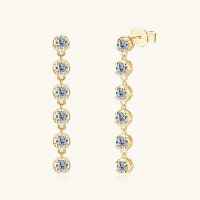 wholesale S925 Sterling Silver European and American Personalized Long Moissanite Earrings for Women Fashion Tassel Drop Earrings Straight Row Round Ear Jewelry-Gold 0.6 carat +0.6 carat