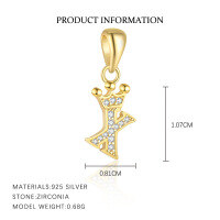 wholesale S925 Sterling Silver, Fashionable And Luxurious Crown Design With Zircon, Diy 26 English Letter Pendant Necklace, Versatile For European And American Styles-Letter X-Single Pendant/Gold 925 Silver
