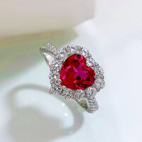 wholesale 925 Sterling Silver with High-Carbon Diamond, Zhuozhifan Jewelry New 8*8 Heart-Shaped Luxury Full Diamond Vintage Ring-Red 8