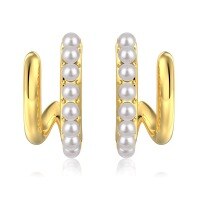 wholesale S925 Sterling Silver Cross-Border European and American Pearl-Studded Arc Geometric Zircon Elegant Stud Earrings for Women with Silver Needles-Golden Shell Beads DY110326-SG-WH>925 Silver