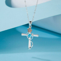 S925 Silver Cross Pendant with Pink Diamond and Sapphire Wholesale-【Floral Cross】March Light Blue (Cherry Blossom) Copper  925 Silver