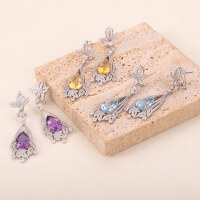 wholesale S925 Sterling Silver Extravagant Natural Topaz Earrings with Purple and Yellow Crystal Large Gemstone Original Design-8.9 carat natural topaz earrings