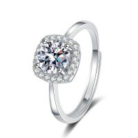 Sterling Silver Moissanite 1ct Square-Cut Ring Women's Adjustable-[Super Sparkling Zircon] 1-Carat Sugar Cube Ring  Adjustable Opening